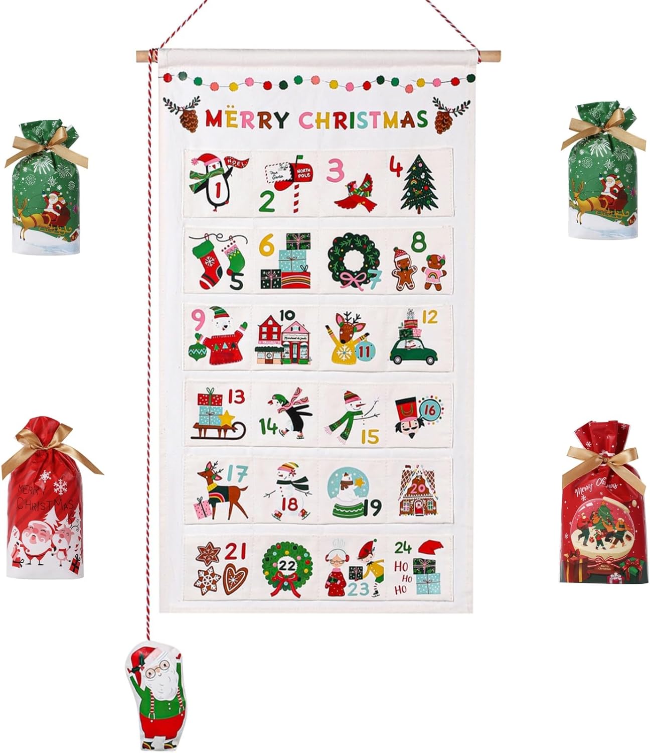 LYSXP Christmas Advent Calendar - 2025 Countdown Fabric Wall Hanging with 24 Pockets | 13x23.5 Inch & 15 Candy Bags