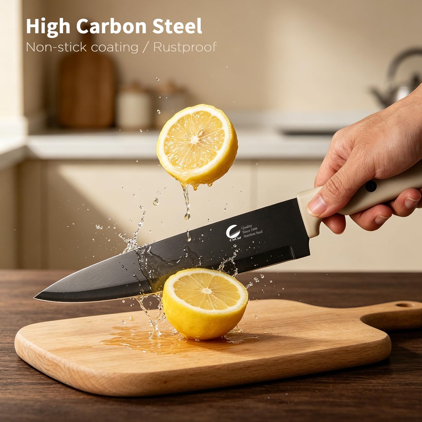 CuCut 12-Piece Kitchen Knife Set, Nonstick Coating Chef Knives Set with 6 Blade Guards, Double Rivets, Dishwasher Safe, High Carbon Stainless Steel Blades for Cooking, Cutting, Chopping