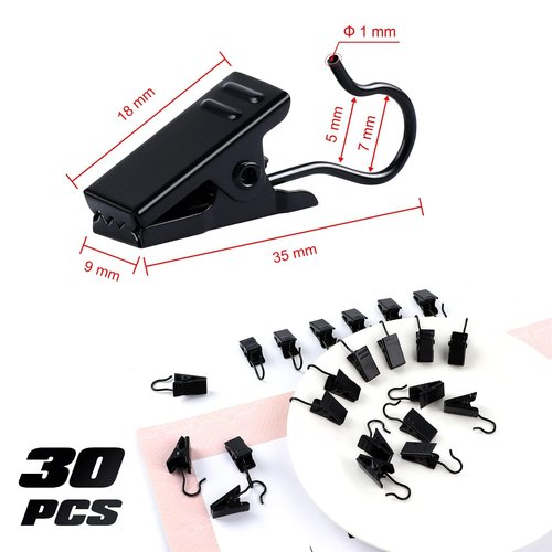 JANYUN 30 Pack Small Heavy-Duty Hook Clip Set Metal Curtain Hangers Clips for Clip Photo Home Decoration Art Craft Display - Black