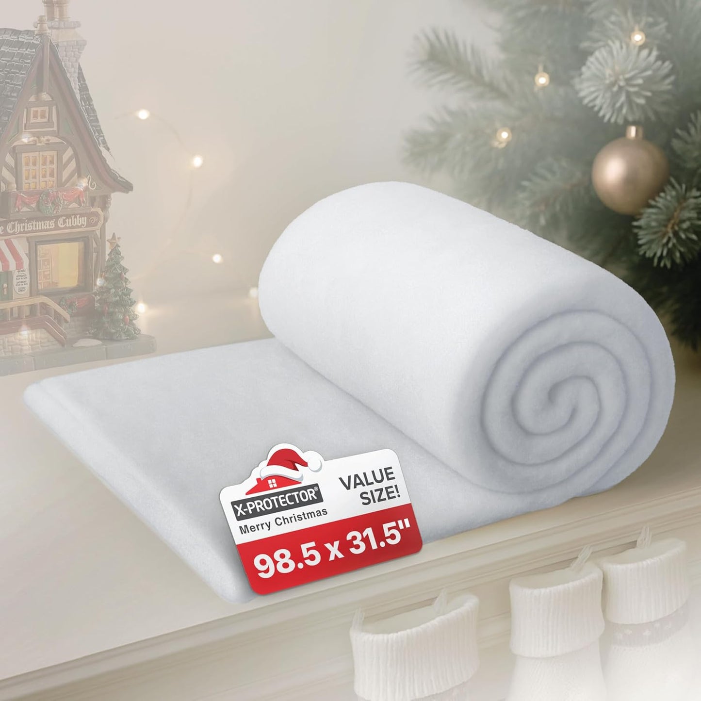 X-Protector Snow Blanket - Large 98.5"x31.5" Artificial Christmas Village Snow Sheet | Faux Snow Table Runner for Holiday Decor
