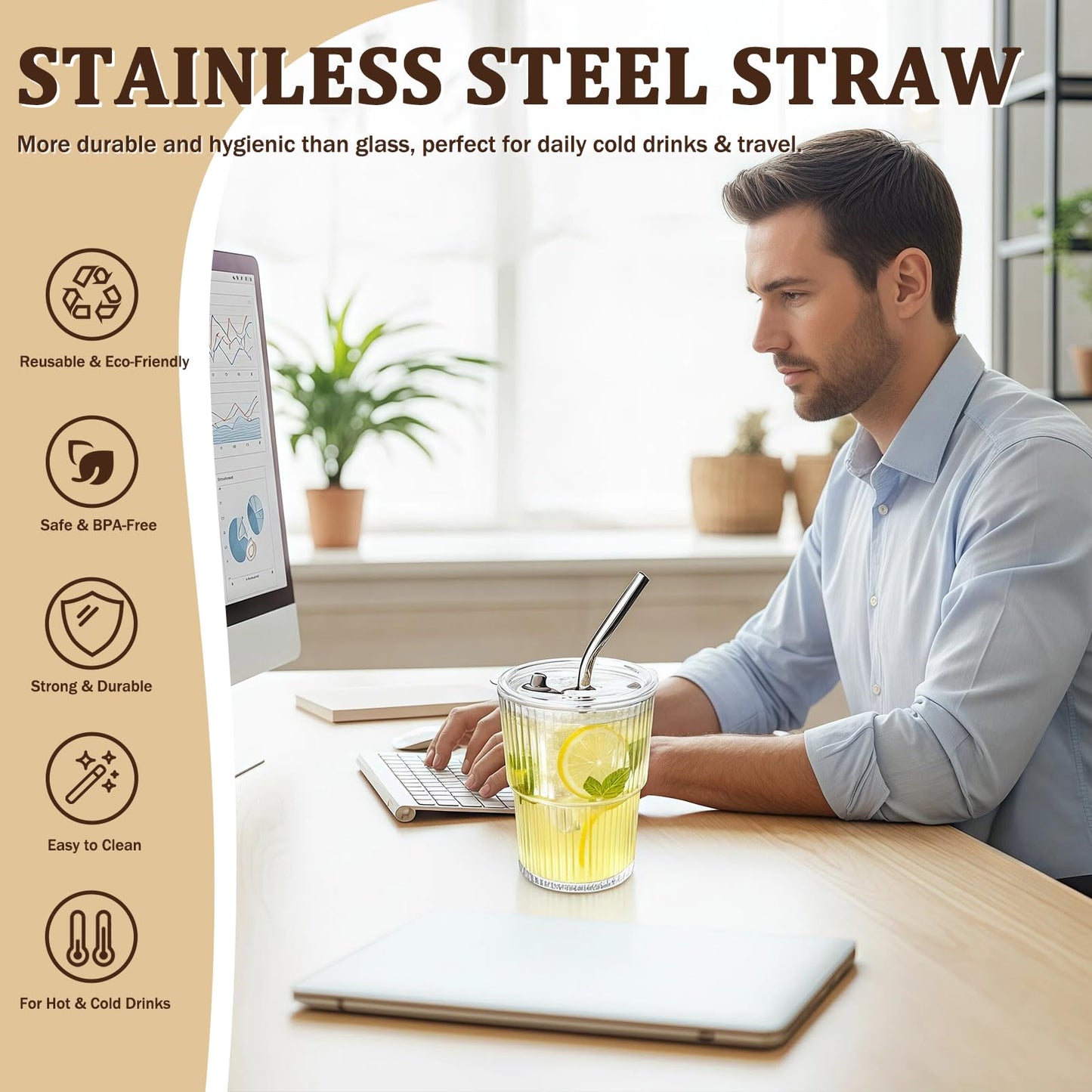 12 Packs Ribbed Glass Tumbler with Lid and Straw 13 oz Cute Ice Coffee Cup Set Bulk Vasos de Vidrio Con Tazas Para Cafe Cocina Accesorios Home Bar Accessories New Home House Warming Gift Kitchen Stuff