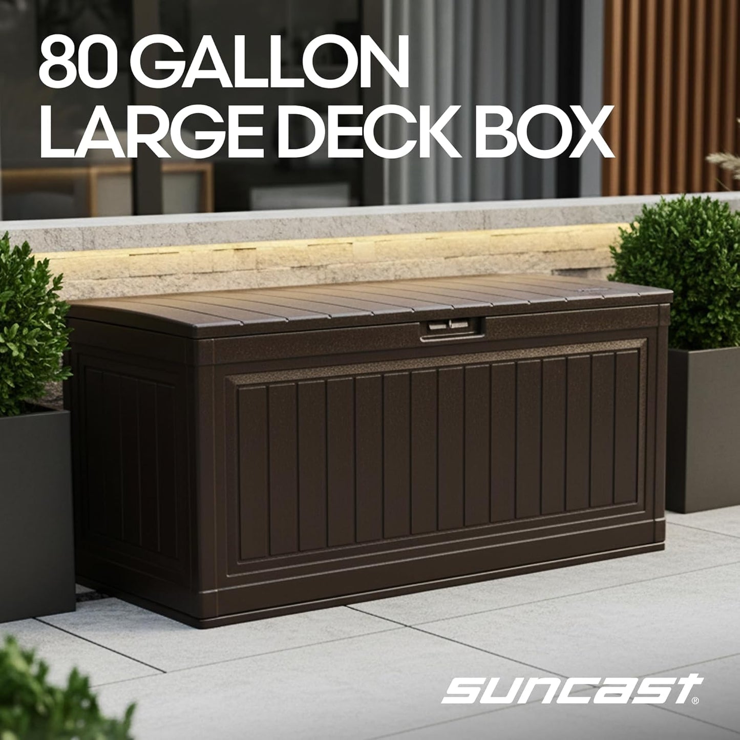Suncast 80-Gal. Resin Outdoor Patio Deck Box - Modern Storage Solution for Cushions & Garden Tools, Java