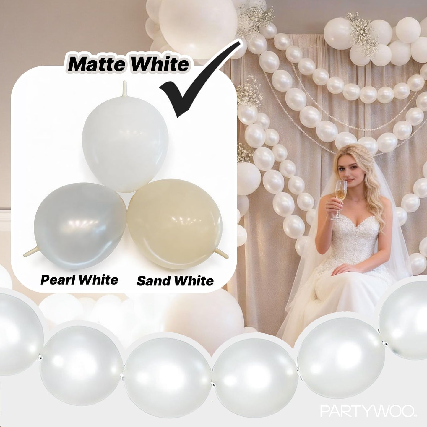 PartyWoo Pearl White Linking Balloons 100pcs 12 Inch White Link Balloon for Anniversary Retirement Wedding Graduation Baby Shower Birthday Gender Reveal Engagement Party Decorations White-W14