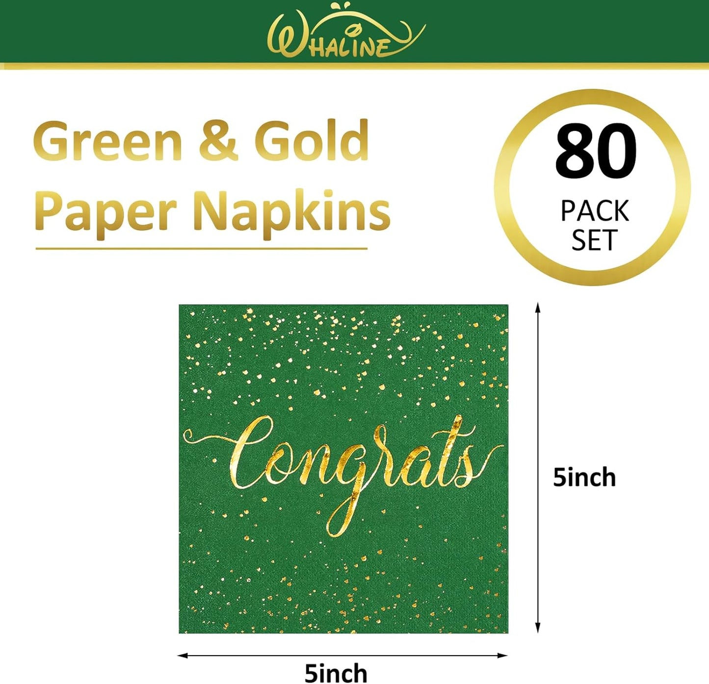 Whaline Graduation Cocktail Napkins - 80 Pack Green & Gold Foil Congrats Design | Disposable Beverage & Dessert Napkins for Grad Party Decor