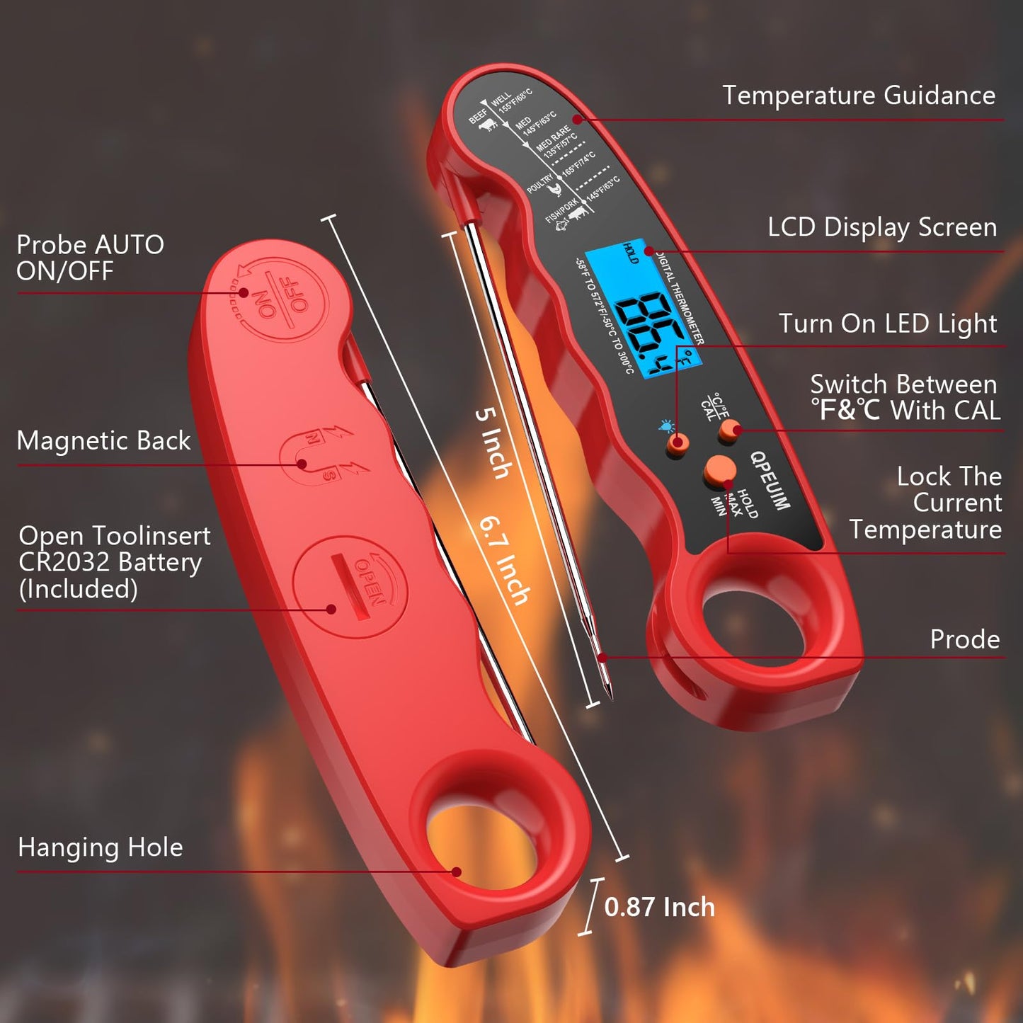 QPEUIM Meat Thermometer Digital Instant Read Thermometer Waterproof Food Thermometer with Backlight & Calibration for Grill and Cooking Turkey BBQ