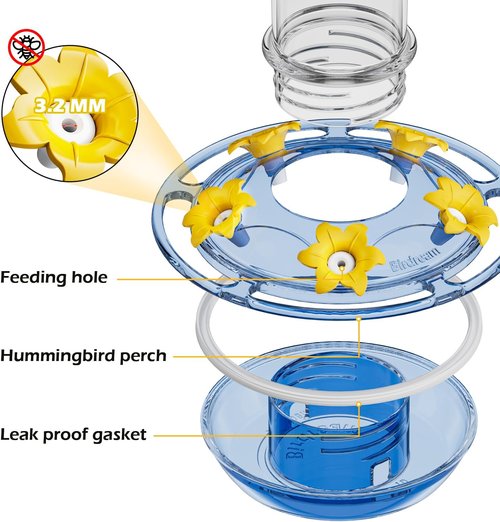 Birdream Hummingbird Feeder - 20 Oz Outdoor Feeder with 5 Bee Guard Ports & Ant Moat - Blue