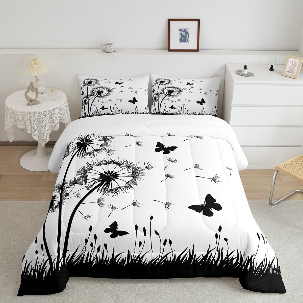 Homewish Dandelion Comforter Set Queen Size,Rustic Natural Bedding Set 3pcs for Kids Teens Girls Boys Room Decor,Butterfly Floral Animal Quilt Set Black and White Duvet Insert with 2 Pillowcases
