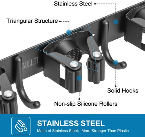 IMILLET Broom Holder Wall Mount - Heavy Duty Stainless Steel Organizer with 5 Racks & 4 Hooks