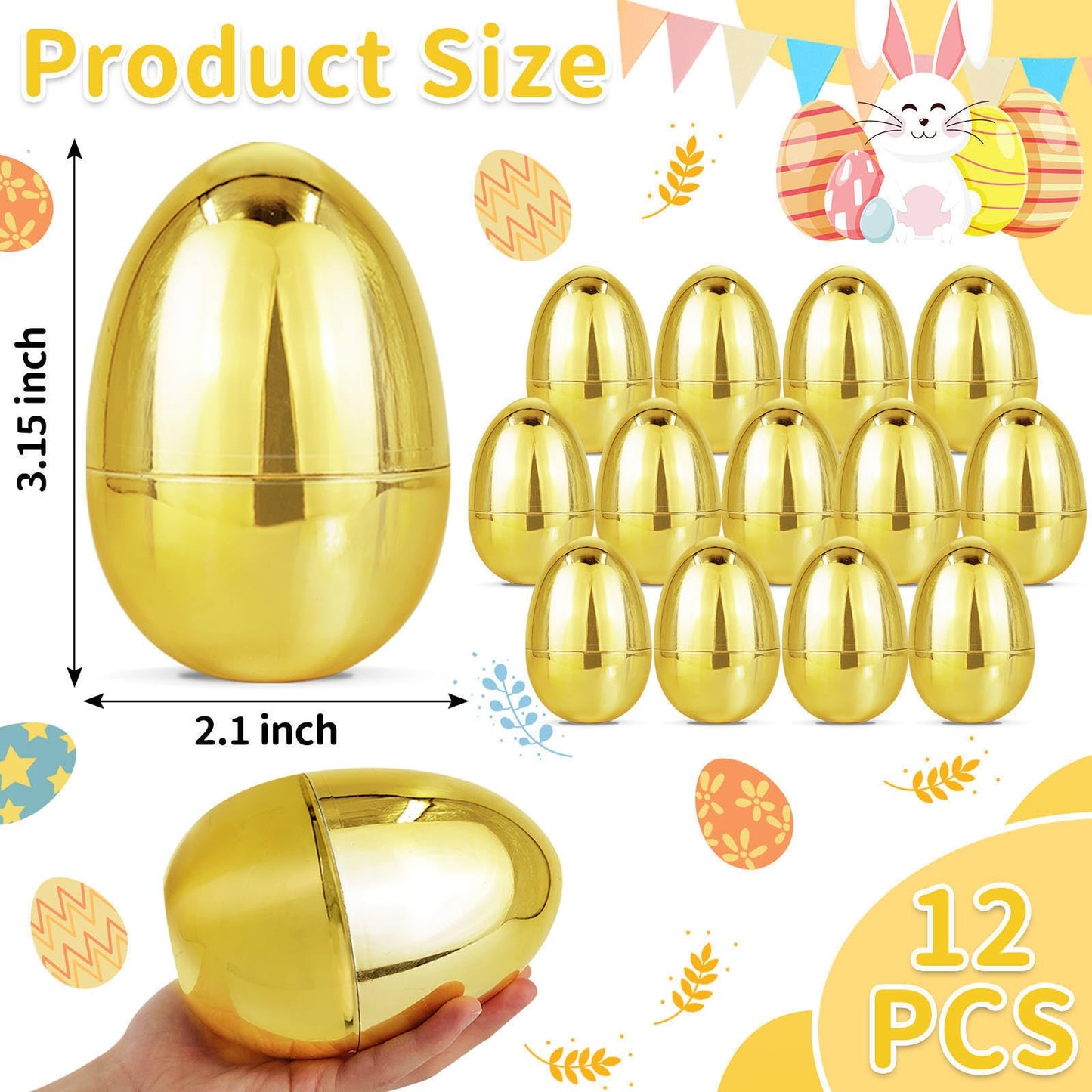 12 Pack 3.15" Large Golden Easter Eggs Empty, Shiny Metallic Plastic Easter Eggs Fillable Surprise Gold Eggs for Easter Basket Stuffers Fillers Easter eggs Hunt Party Favor Classroom Prizes Supplies