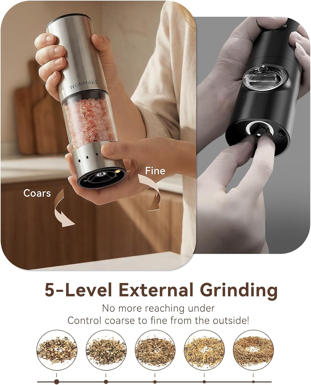 Skiennix Electric Salt and Pepper Grinder Set - Type-C Rechargeable with LED Display | Stainless Steel, 5 Coarseness Levels