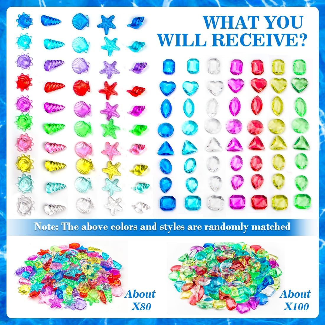 Skiennix Sensory Bin Filler - 180 Pcs Plastic Gemstones & Fake Seashells for Kids | Ocean-Themed Fun