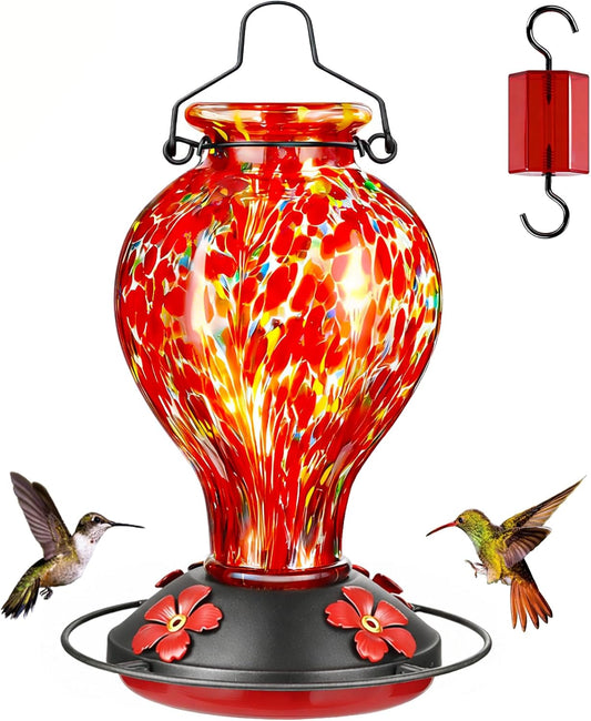 Skiennix Hand Blown Glass Hummingbird Feeder - 24oz Outdoor Nectar Feeder with Ant Moat & Bee-Resistant Ports | Red Polka Dots Garden Decor Gift for Moms