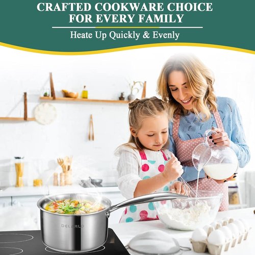 DELARLO Stainless Steel Small Brushed Saucepan With Lid, Induction Cooking Sauce Pot Pan, Full-body Clad Tri-Ply Heavy Duty Saucier Cookware, Dishwasher Safe & Oven Safe(2 Quart)