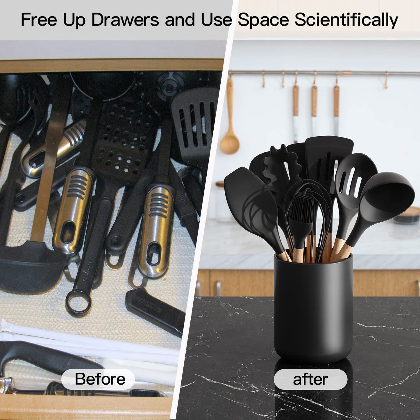 LATCHHOOK Black Kitchen Utensil Holder for Countertop, Large 7.2 Matte Ceramic Cooking Utensil Crock for Counter Easy to Clean, Modern Spatula Holder for Farmhouse Décor 7.2×5.8 INCH