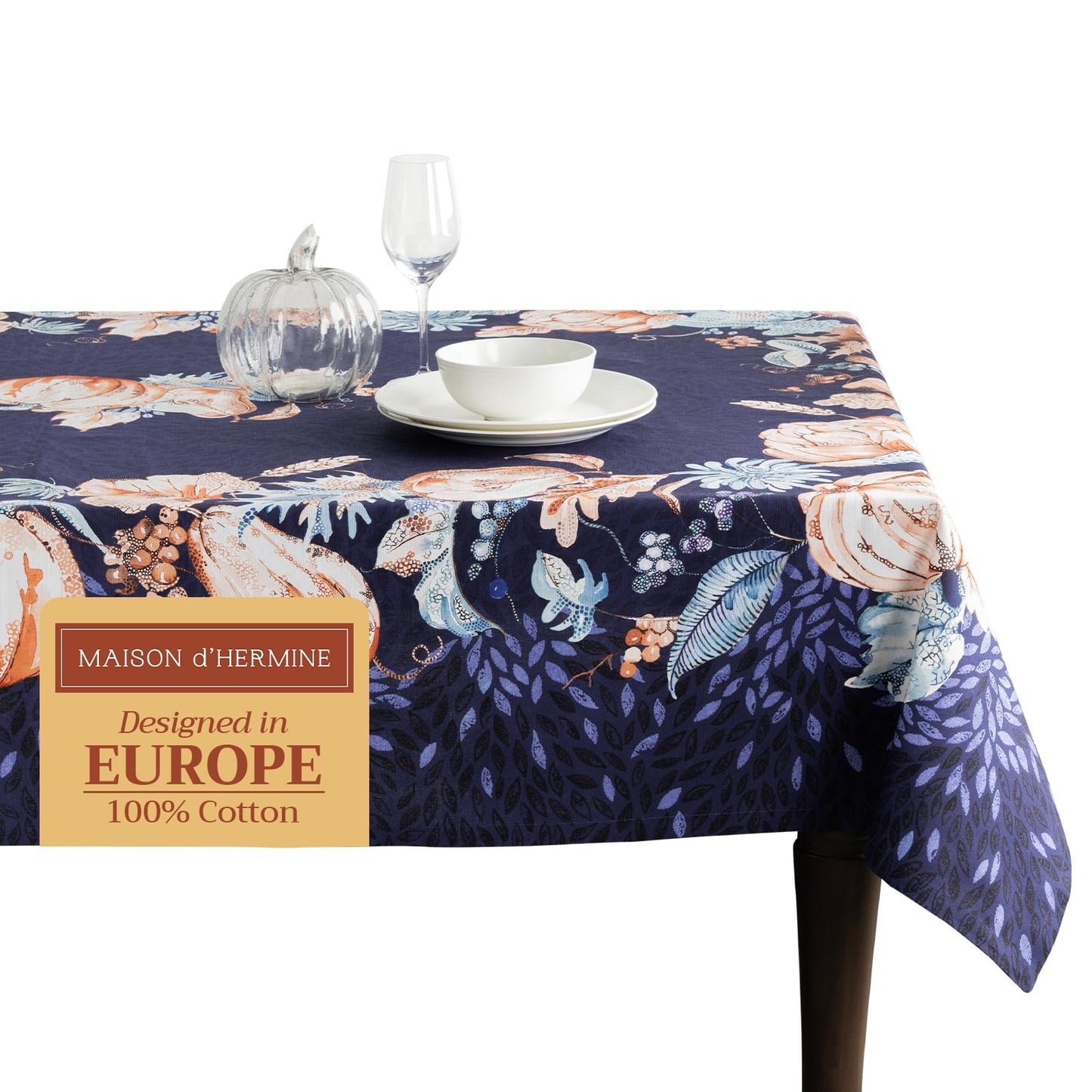 Maison d' Hermine Table Cloth Rectangle Table 100% Cotton 60 x 120 Inches Fall Tablecloth Reusable Everyday Use for Thanksgiving Christmas Decorations Dining Farmhouse Party (Pumpkin Blues)