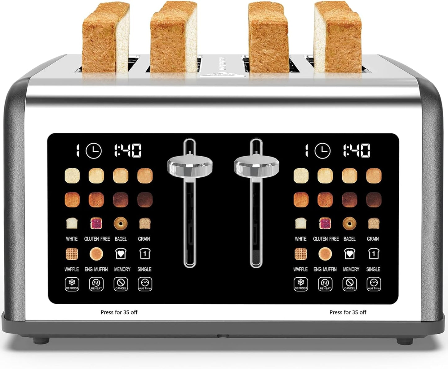 Skiennix 4-Slice Toaster - Touch Screen Control, 8 Shade Settings, Dual Panel, 1650W - Grey Finish