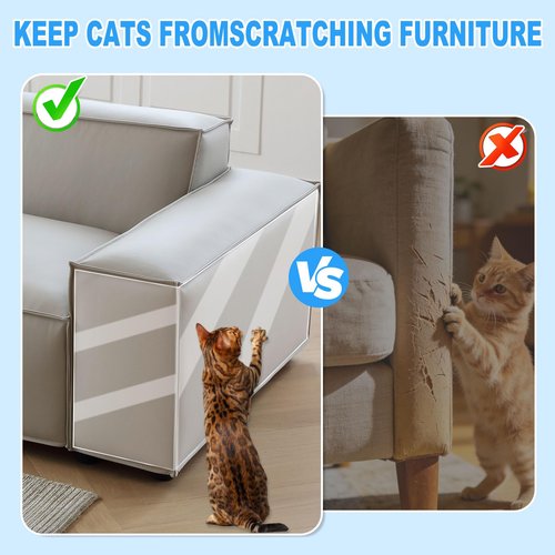 Anti Cat Scratch Furniture Protector Premium Reusable Thickened Clear Transparent Single-Sided Sticky Couch Guard Repositionable Cat Claw Deterrent Tape for Sofas Tables etc (196.85x11.8in)