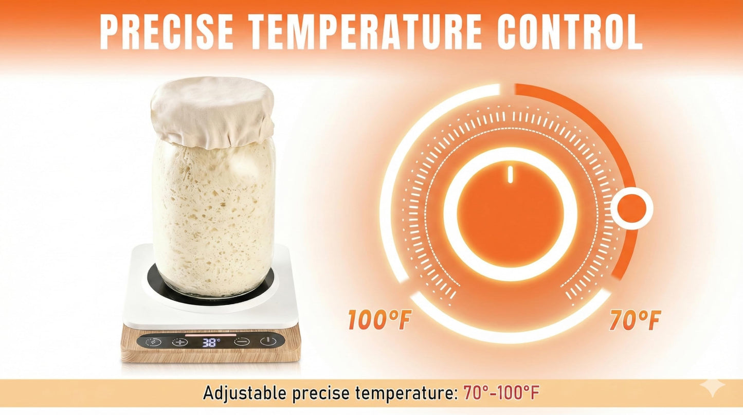 Poliby Sourdough Starter Warmer Mat – Precise 1°F Thermostat Control (70–100°F), Smart Memory On/Off – Keeps Starter Active & Consistent – Fits Jars Up to 40oz – Home Baking Essential (White)