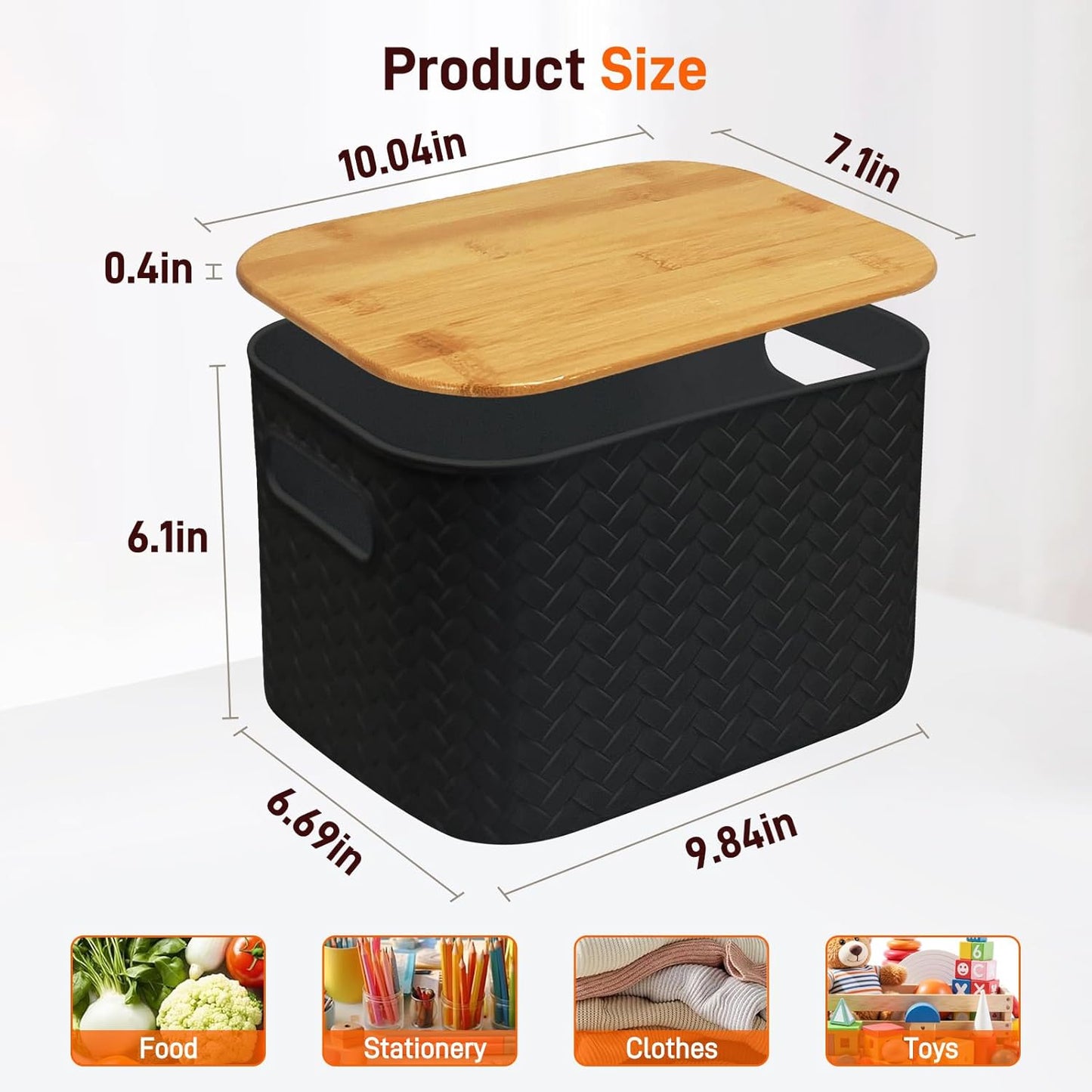 Soddeph Plastic Storage Bins - Stackable Containers with Bamboo Lids for Organizing | 4 Packs in Black