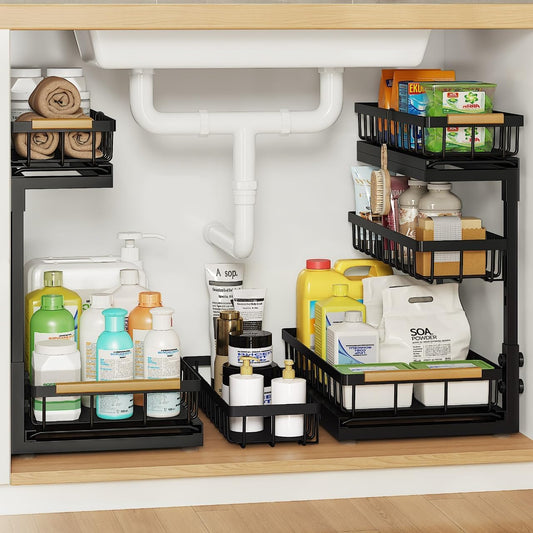 Under Sink Organizer by [Brand Name] - 3-Tier Pull-Out Shelf Storage for Bathroom & Kitchen - 2 Pack
