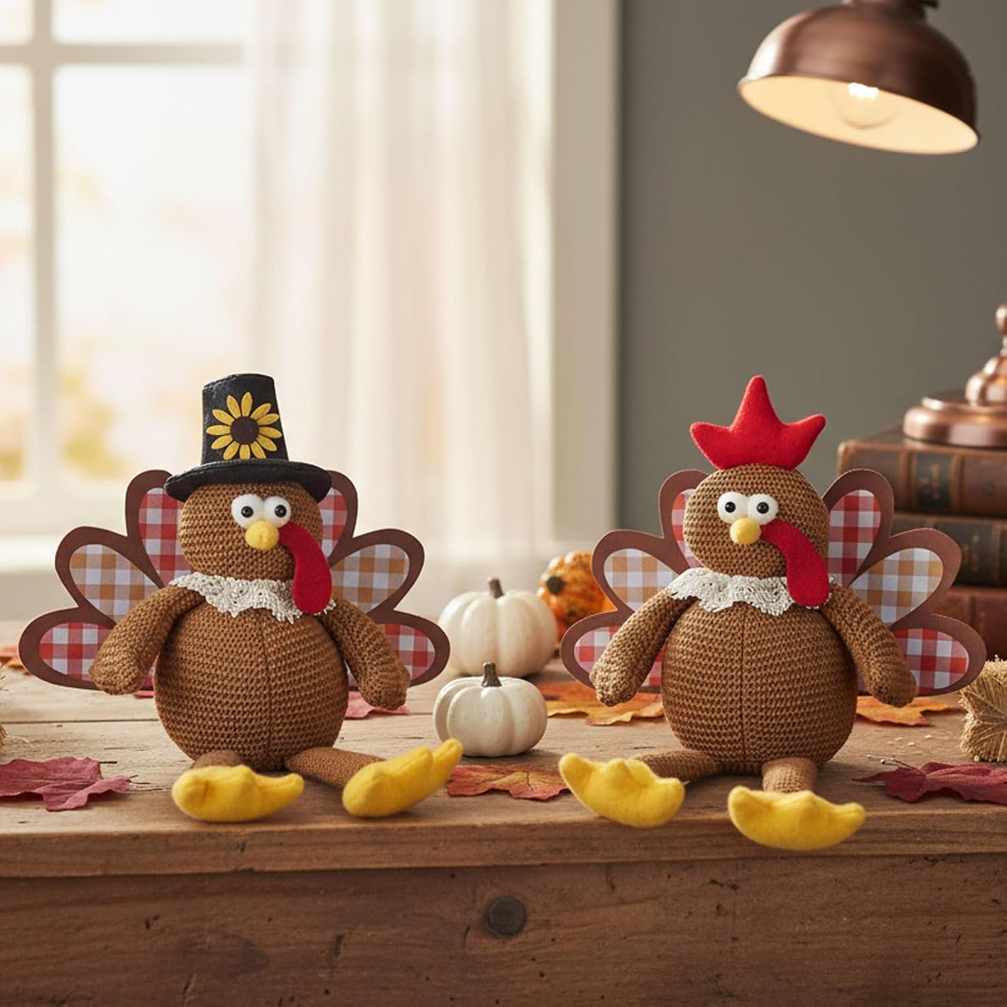 Skiennix Christmas Decorations - Set of 2 Turkey Plush Dolls with Dangling Legs | Fall Harvest Home Decor (Brown)
