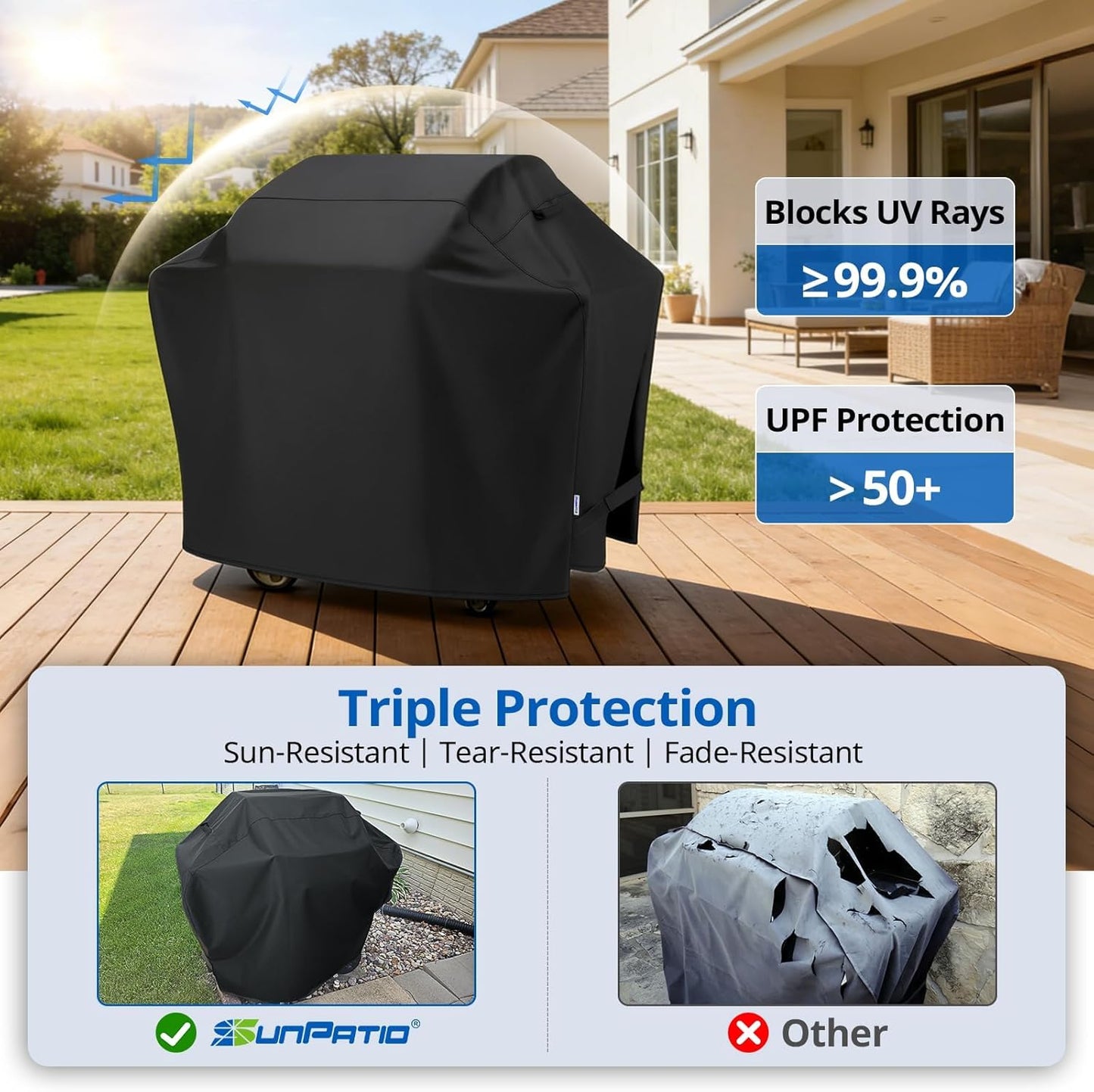SunPatio Grill Cover - 55 Inch Heavy Duty Waterproof Barbecue Cover | UV & Fade Resistant, All-Weather Protection for Weber, Charbroil, Nexgrill, Kenmore Grills - Black