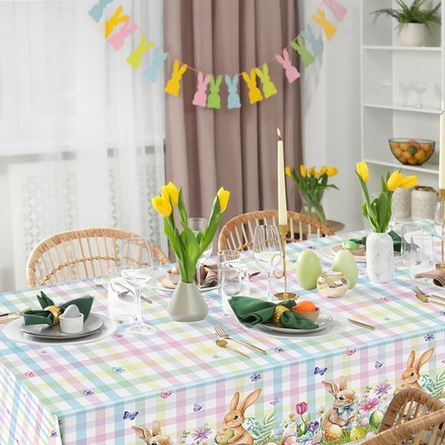 3-Piece 54 x 108 Inch Easter Plaid Plastic Tablecloth – Bunny and Easter Egg Disposable Rectangle Table Covers with Pastel Checkered Design for Easter Party, Spring Celebration and Holiday Decorations