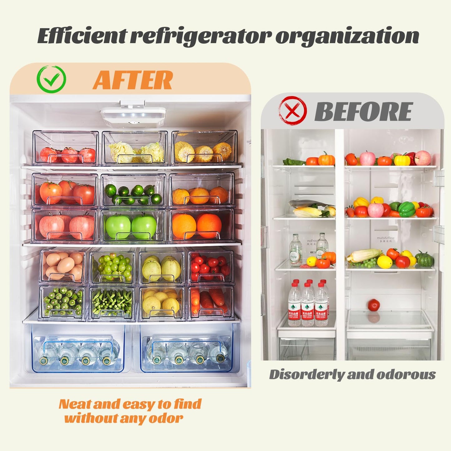 PiJeyiee Clear Stackable Refrigerator Organizers and Storage Drawers - Pull-Out Fridge Bins with handles for Kitchen，Pantry，Cabinet，Bathroom, Undersink，Closet (2 Pack)