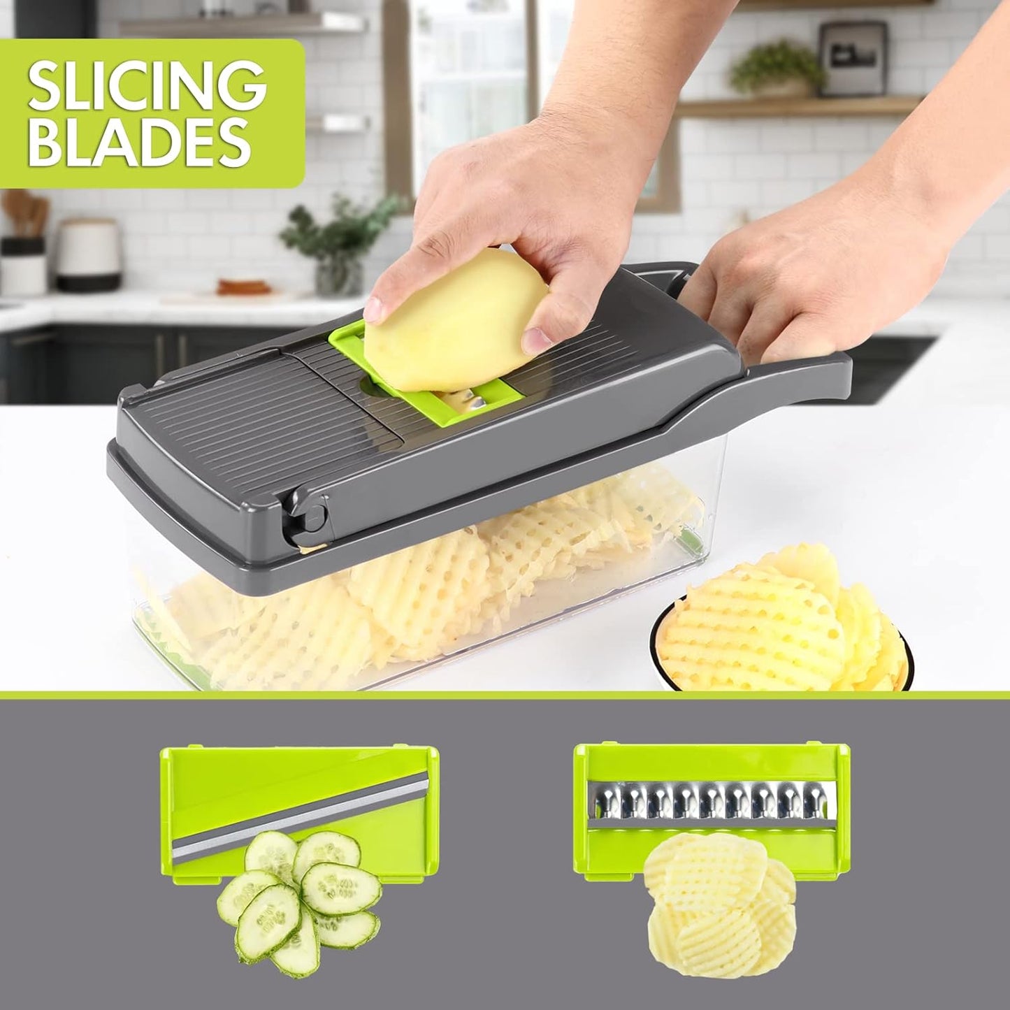 Ourokhome Vegetable Chopper - 12-in-1 Professional Mandoline Slicer with 8 Blades & Strainer Basket - Gray