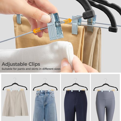HOUSE DAY Velvet Hangers with Adjustable Clips 30 Pack, Non-Slip Suit Organizer with 360° Hook - Heavy Duty Hanger for Pants, Skirts, Blouses, Dresses - Outfit Hangers All-Season Space Saver (Black)