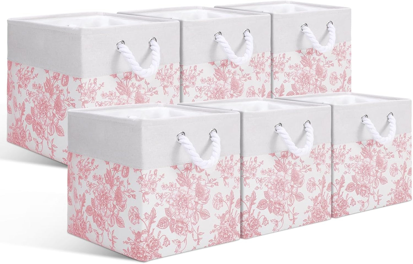 LemonRoad Pink Floral Cube Storage Bins - 6 Pcs Collapsible 11.22 Inch Organizer Baskets for Home & Office