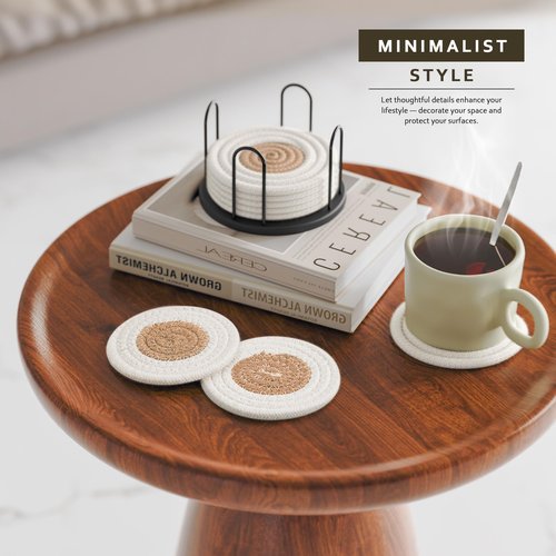 Coasters Set of 8 for Drinks, Beer, Coffee, Cotton Woven Absorbent Coaster with Holder, Boho Coasters for Home Decor Tabletop Protection Suitable for Kinds of Cups, White & Coffee