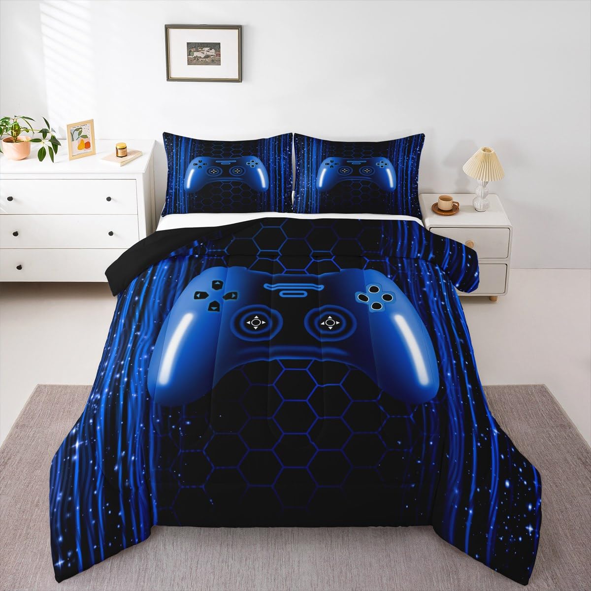 Erosebridal Kids Gamer Full Comforter Set for Boys Bedroom Neon Lights Dark Blue Gaming Bedding Set for Kids Teens Game Console Quilt Striped Honeycomb Hexagon Comforter Geometric Duvet Insert
