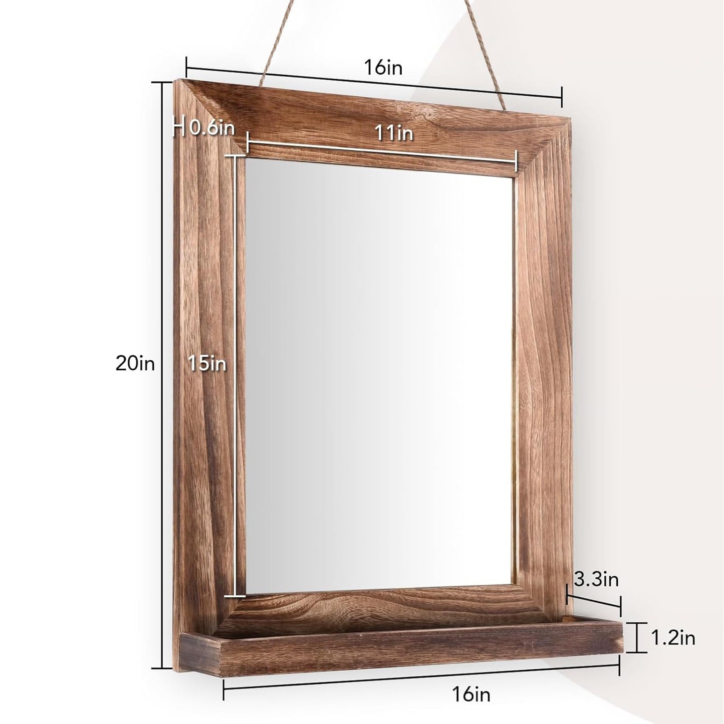 QDSSDECO 16"×20" Wall Mirror with Shelf Farmhouse Decor Rectangular Mirror Hanging for Bathroom, Vanity, Bedroom, Entryway, Living Room,Brown with Hemp Rope