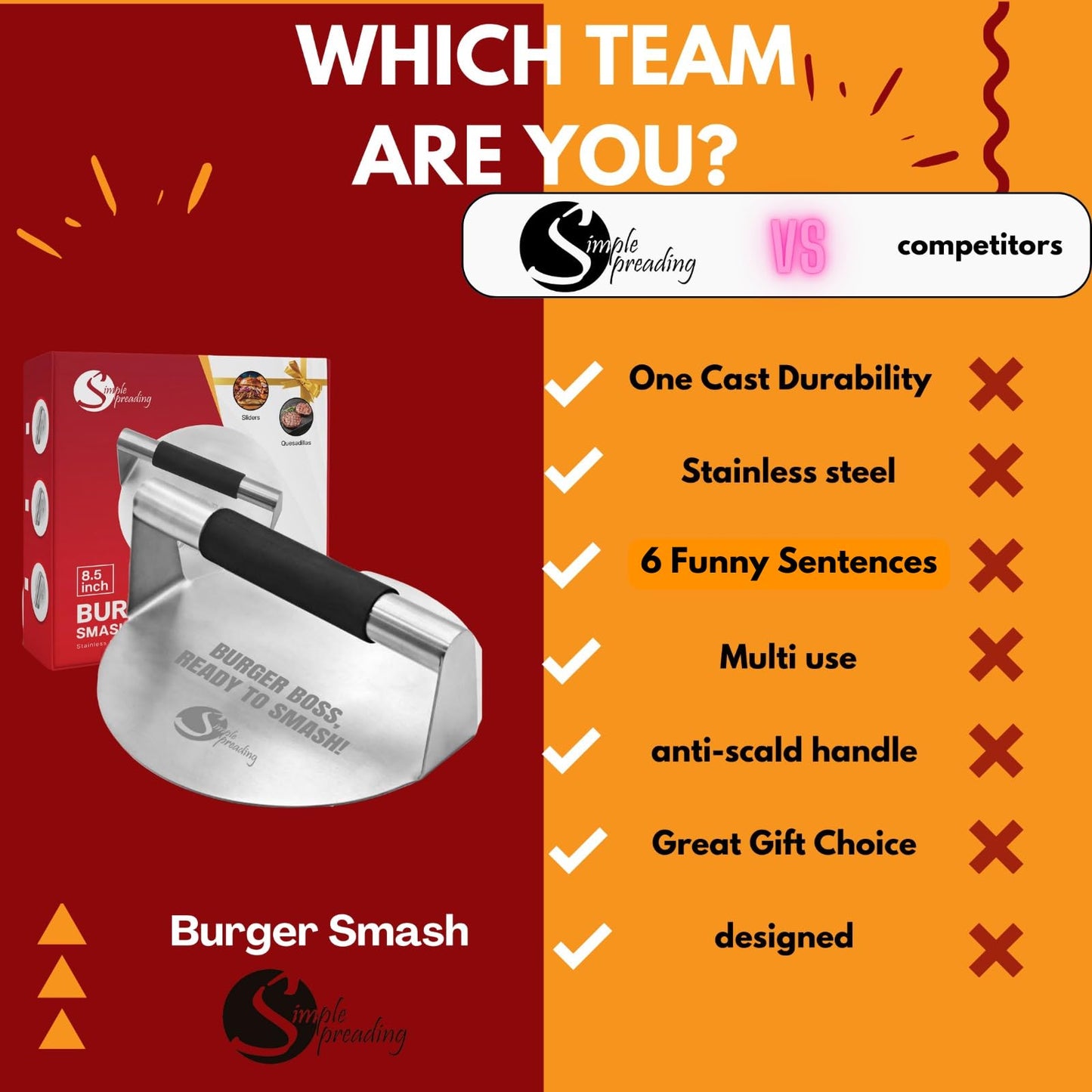 Simple preading Smash Burger Press with Fun Quotes - Stainless Steel Hamburger Smasher for Griddle & Grill Press, Perfect for BBQ, Flat Tops, Patty Making, (5.5" XL, Burger Boss)
