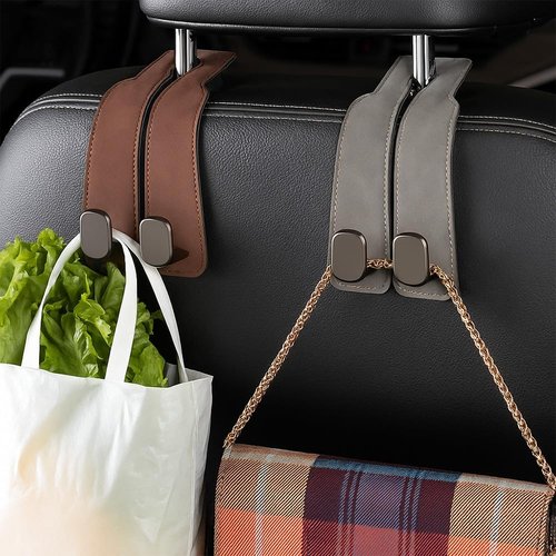 Fauppt Car Headrest Hooks - Stylish Leather Purse Holders & Bag Organizers | Set of 2 Black