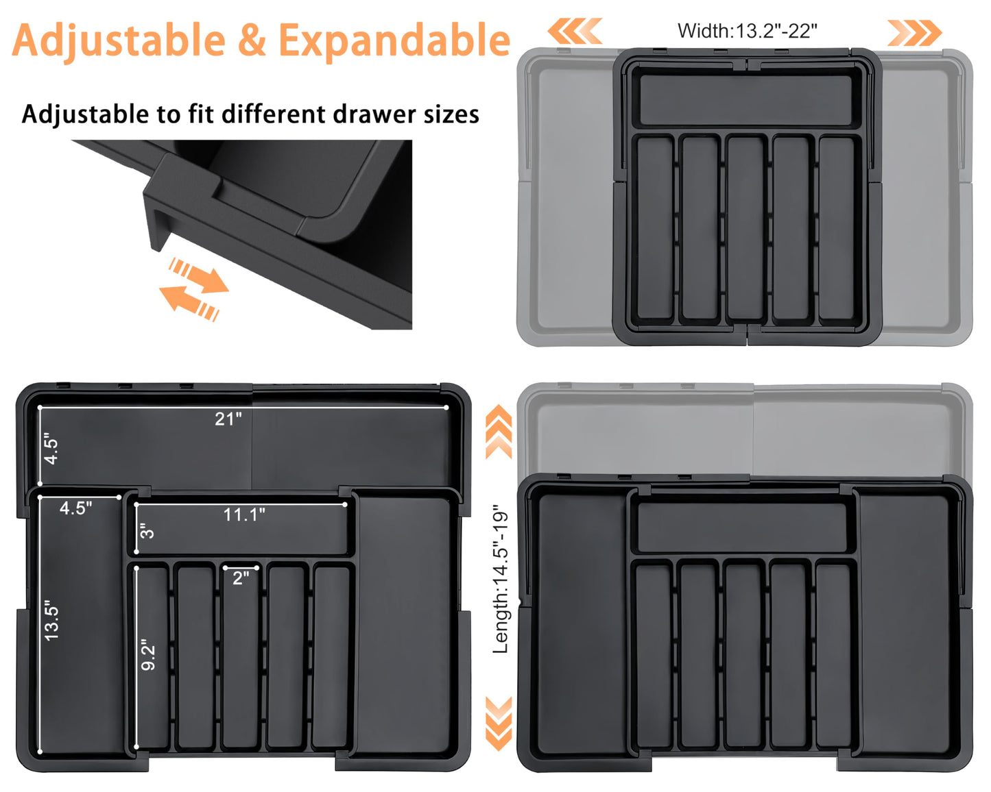 Spaclear Silverware Organizer Expandable Kitchen Utensil Drawer Organizer Large BPA Free Adjustable Cutlery Silverware Tray for Spoons Forks Knives Storage Divider for Kitchen Flatware 6-9 Slots Black