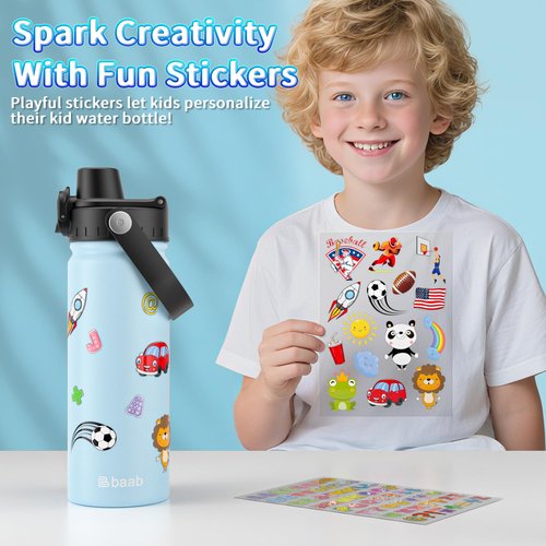 baab 18oz Kids Water Bottle, Insulated Kids Water Bottle with Lockable Spout Lid & Stickers, 18/8 Stainless Steel Vacuum Leakproof Kid Water Cup with Handle for School (Navy Blue+Light Blue, 2 Pack)
