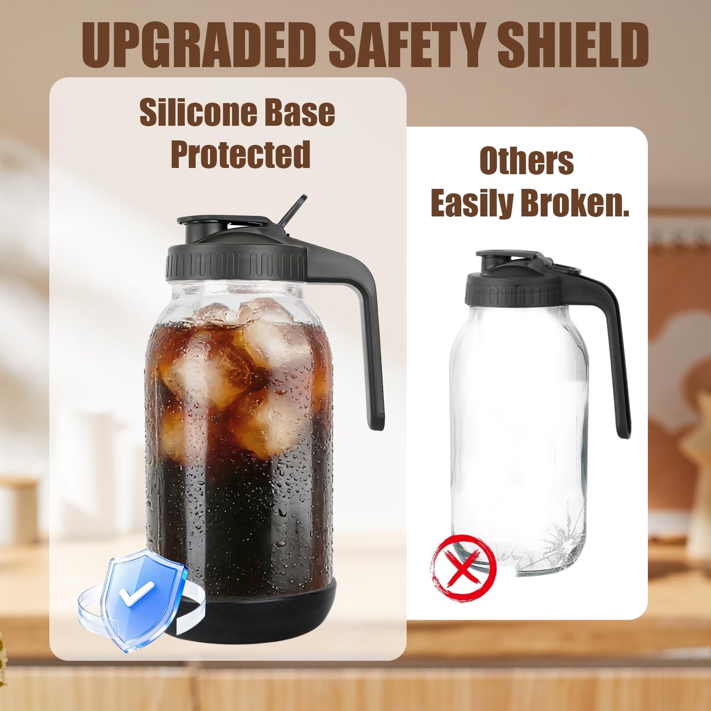 64 oz Glass Mason Jar Pitcher with Lid, Handle & Non-Slip Silicone Base, Food-Grade Leakproof & Airtight – 2-Quart Iced Tea Pitcher for Fridge, Breast Milk Storage, Sun Tea & Cold Brew (Black)
