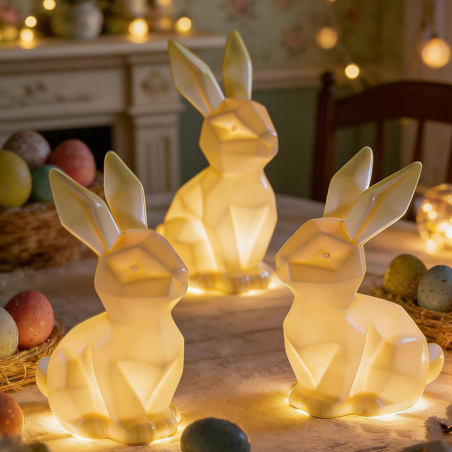 NEROSUN Easter Bunny Decorations - 3 Pack Ceramic White Rabbit Statues | Lighted Table Centerpiece for Spring Decor