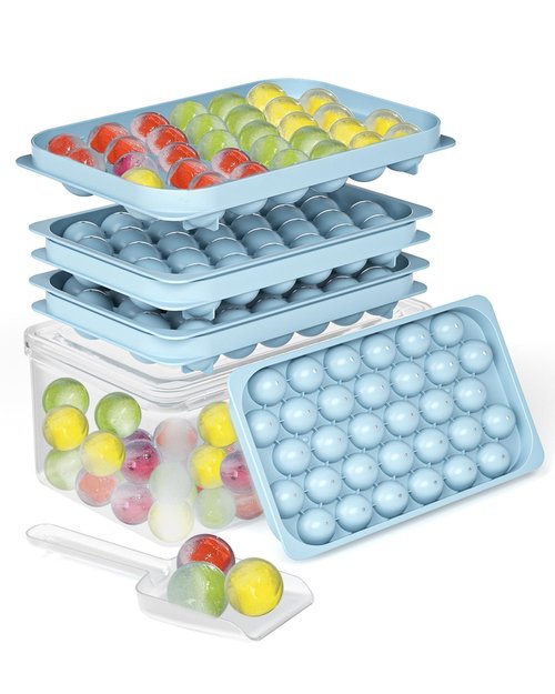 Ice Cube Trays with Lid and Bin, BPA-Free Mini 0.75 Inch Sphere Ice Molds, 2-Pack Small Round Ice Ball Trays, Easy Release, Includes Scoop & Ice Storage Box for Cocktails, Coffee
