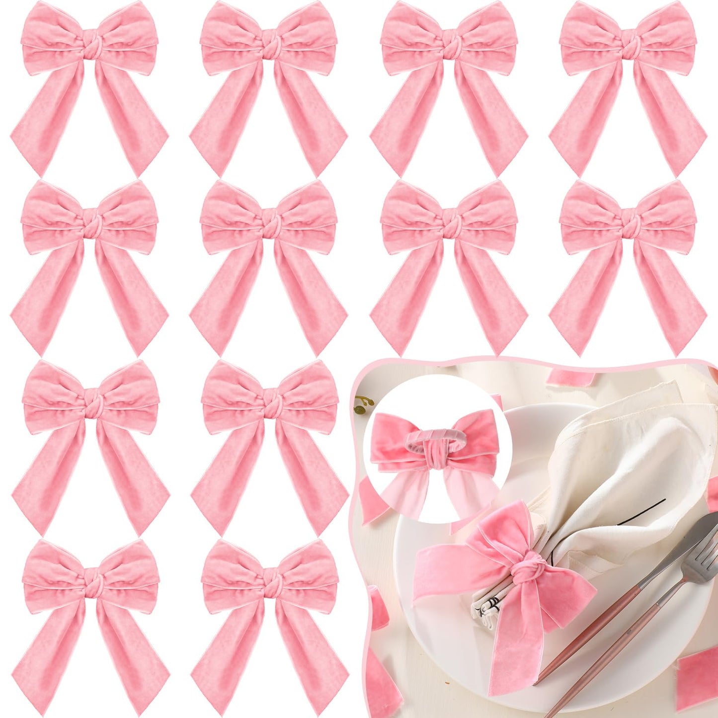 Maxdot 12 Pcs Bow Napkin Rings Set, Velvet Napkin Holders Buckles 4 x 4.9 Inch Serviette Rings for Family Dinner, Wedding, Party, Banquet, Table Decorations (Pink)