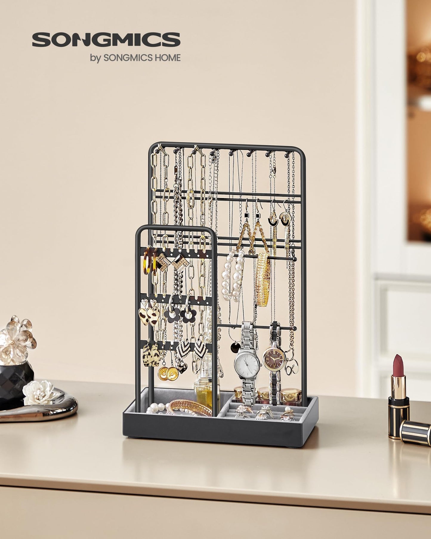 SONGMICS Jewelry Holder, Jewelry Organizer, Jewelry Display Stand with Metal Frame and Velvet Tray, Necklace Earring Bracelet Holder, for Studs, Rings, Gift Idea, Black UJJS021B01