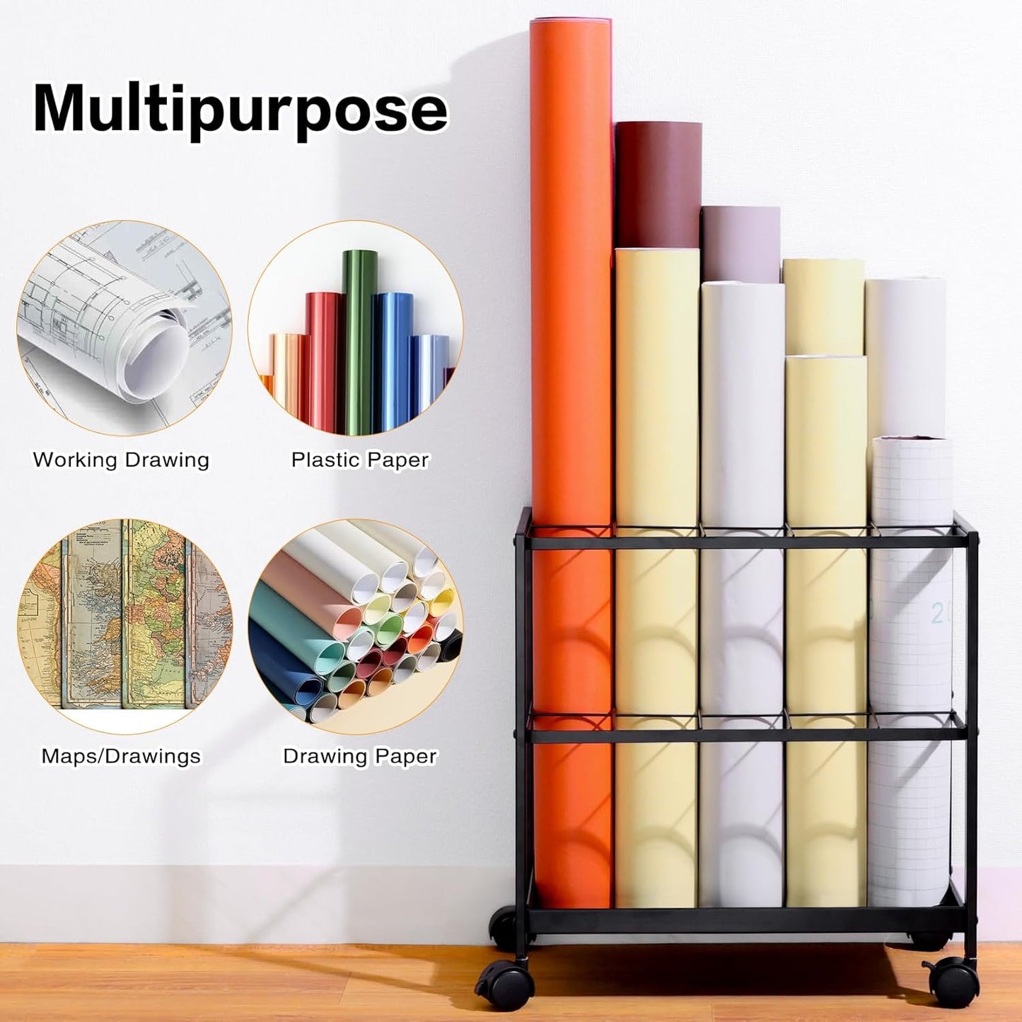 Premium Blueprint Storage Rack Cart - 15-Slot Metal Holder for Secure Organization of Posters & Plans