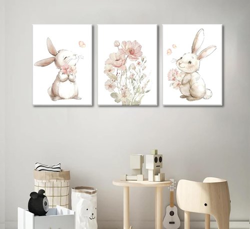 Grengel Bunny Canvas Wall Art - Cute Rabbit & Wildflowers Painting for Nursery | Baby Room Decor