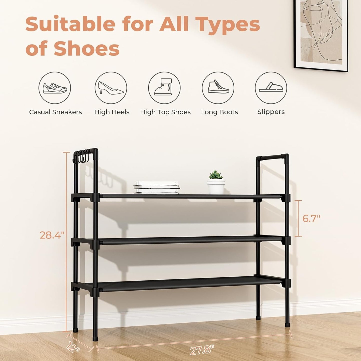 LANTEFUL 3-Tier Shoe Rack - Stackable Shoe Organizer with 5 Hooks for Entryway & Small Spaces