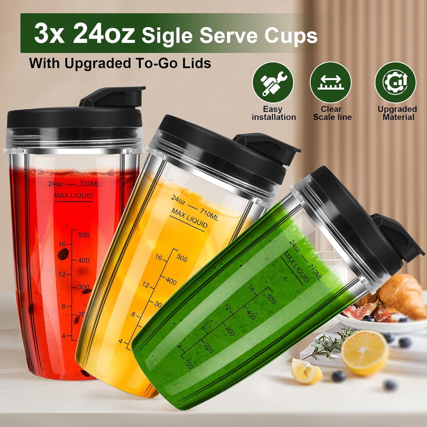 Ninja Blender Cups - 24oz Replacement Cups with To-Go Lids | Compatible with Multiple Ninja Models (3 Pack)