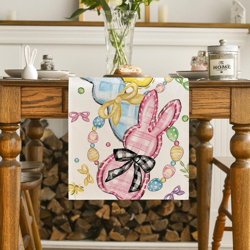 Artoid Mode Floral Bow Bunny Rabbits Eggs Easter Table Runner, Seasonal Spring Kitchen Dining Table Decoration for Home Party Decor 13x72 Inch