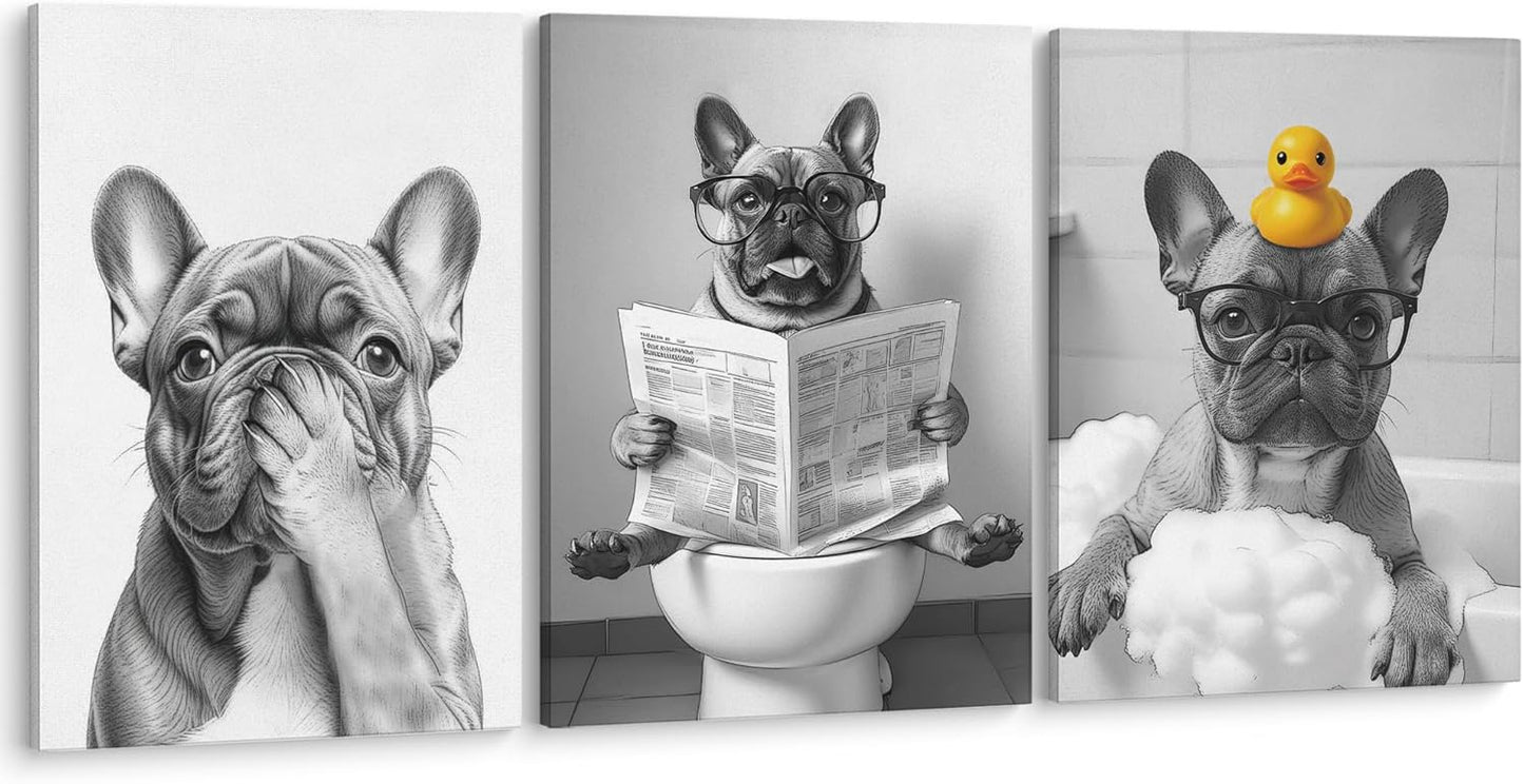 LUKIPOM French Bulldog Wall Art Set - Funny Canvas Prints for Bathroom Decor | 11x14 Inch Framed