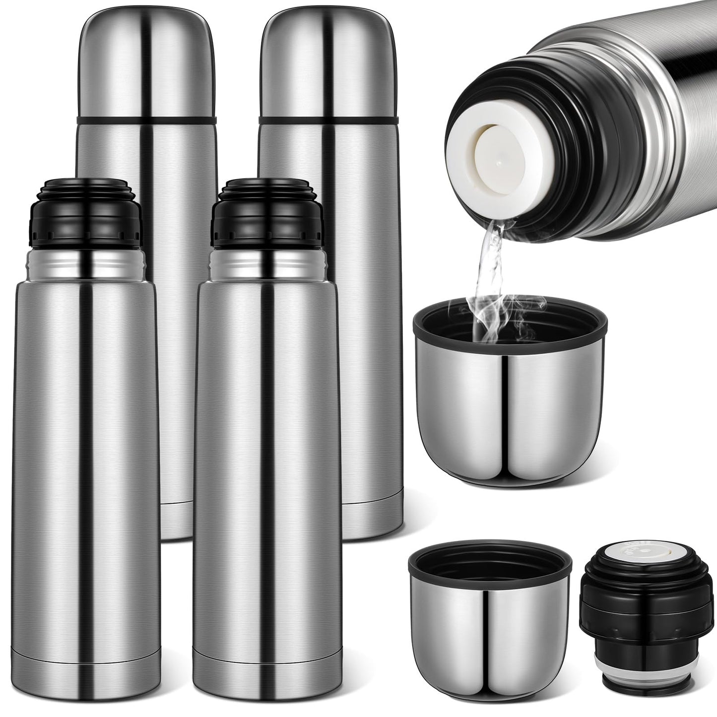 Domensi 4 Pcs Stainless Steel Thermal Bottle 17 oz/ 500 ml Hot Water Flask Coffee Travel Mugs with Cup Cafe Sealed Vacuum Insulated Bottles for Hot Drinks